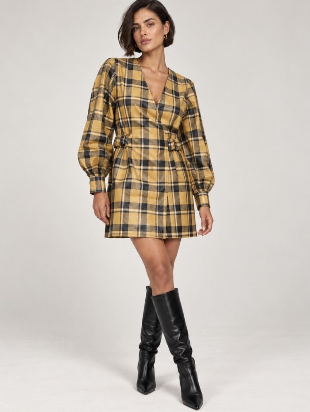 Ganni Coated Twill Wrap Dress Mustard Yellow Plaid Mini Belted Women's Sz Small